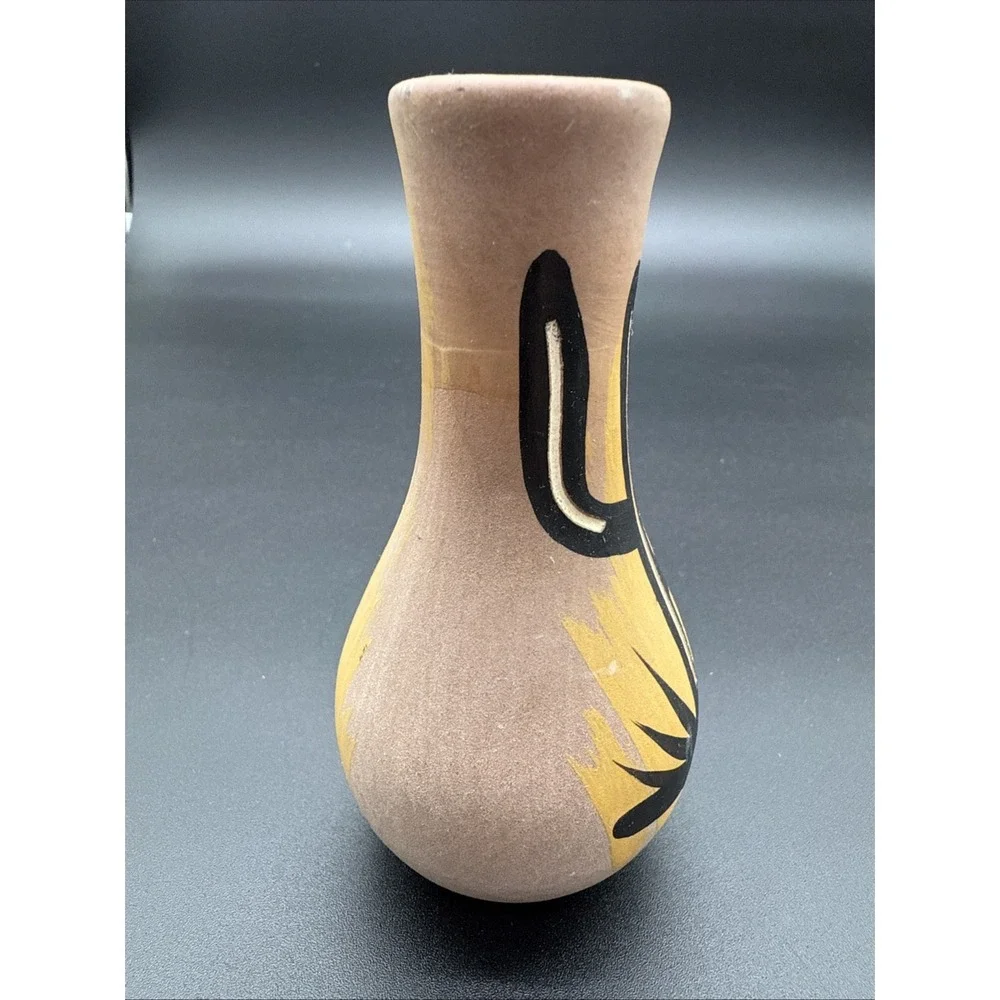 Mini Mexican‎ Style Cactus Carved Pottery Vase Hand Painted 4.5 In Signed AZ.